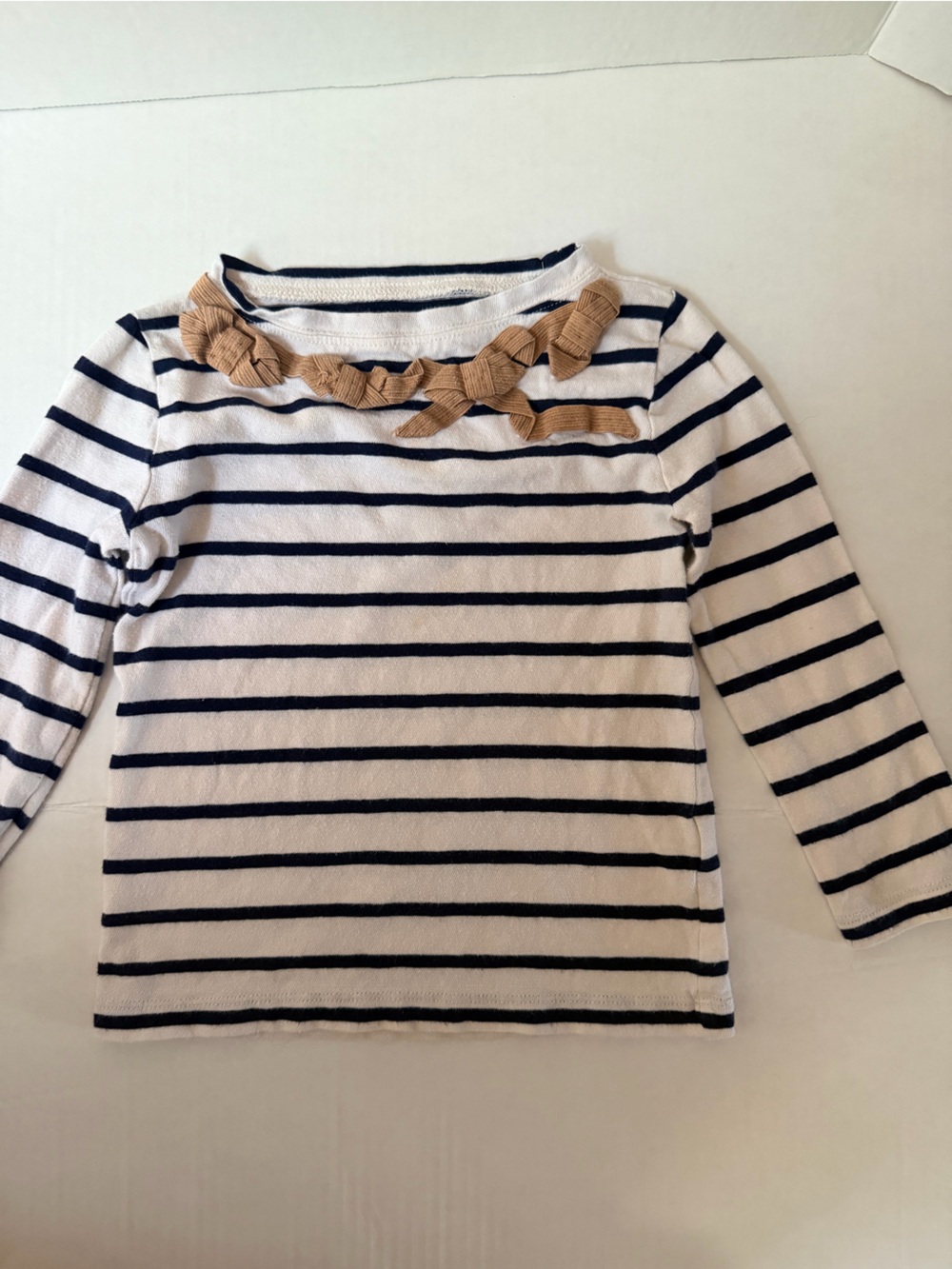 Girls J. Crew crewcuts Navy & White Striped Long-Sleeve Top with Tan Bow Trim